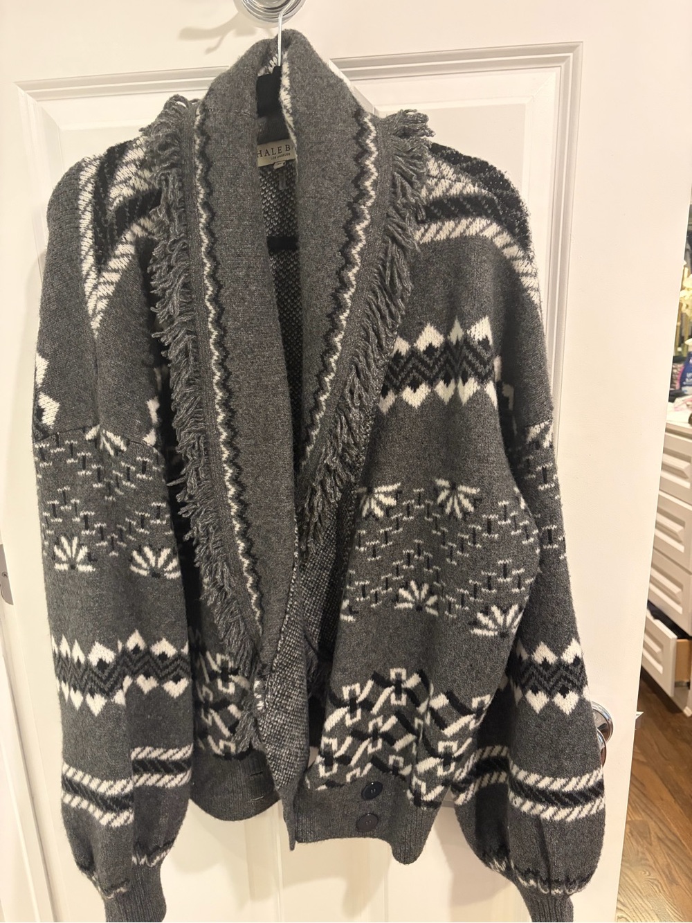 Hale Bob Grey & White Knit Cardigan with Shawl Collar